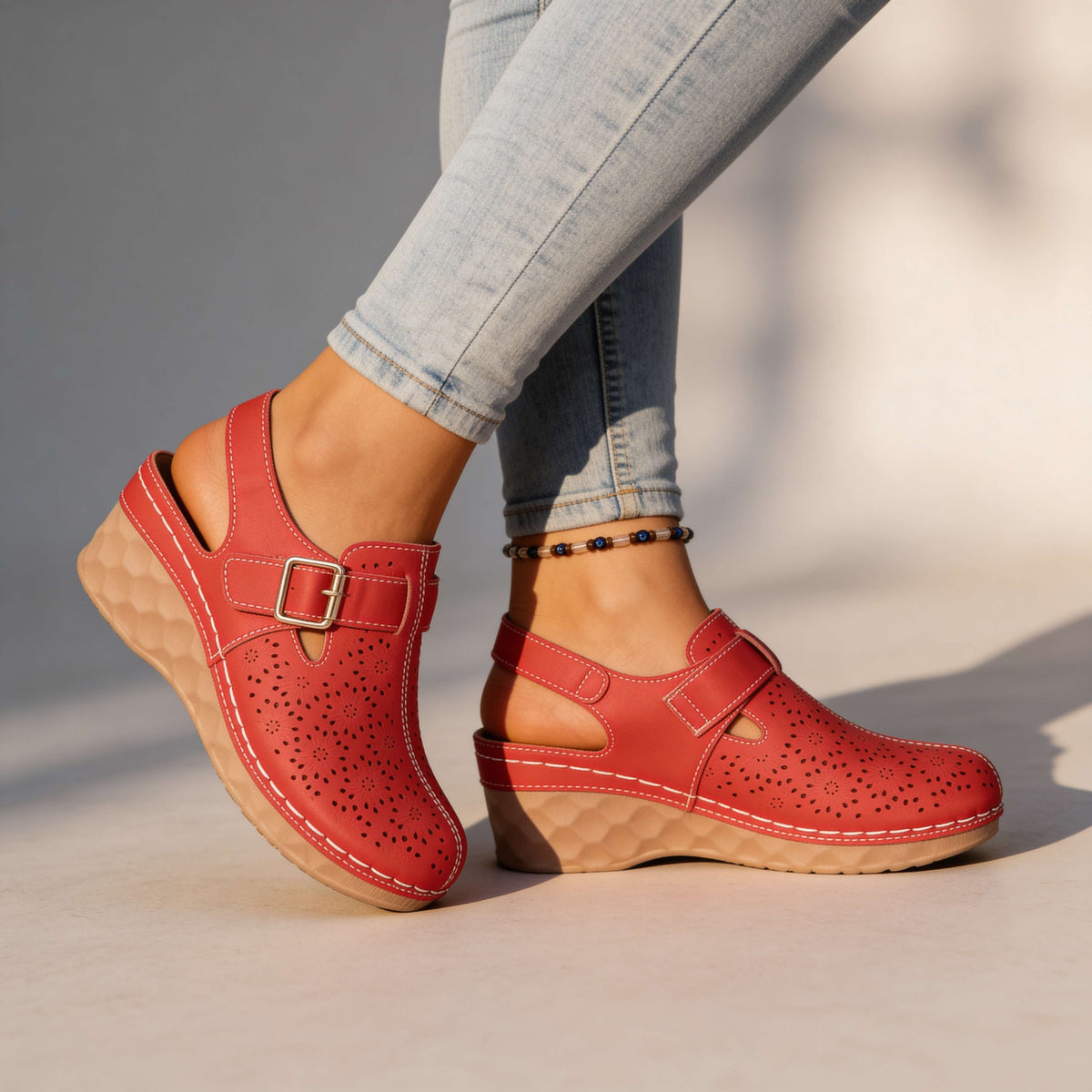 Alissa Floral Buckle Wedges  - By Qivii