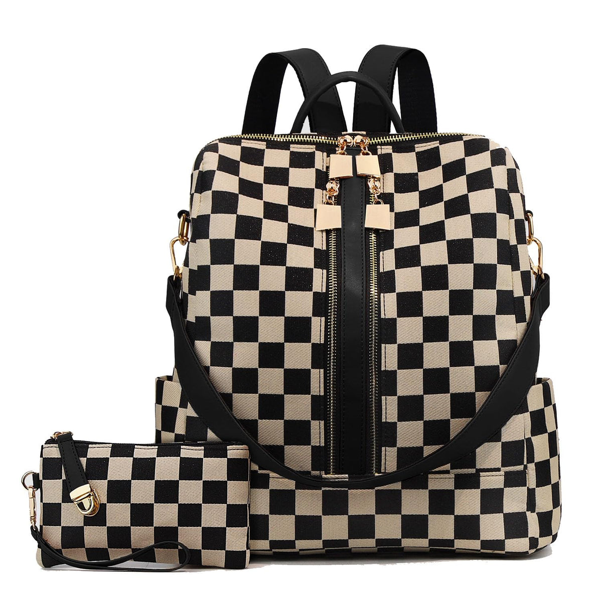 Ounamei Checkered Backpack Purse with a Pouch for Women | Canvas & PU Leather Carry-All Backpack for Daily & Travel Use