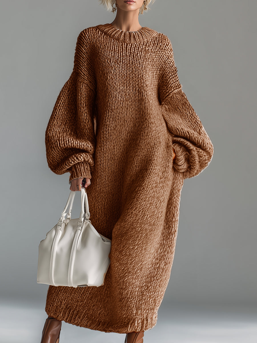 Elegant Urban Silhouette Round Neck Heathered Khaki Knitted Maxi Dress  - By Qivii