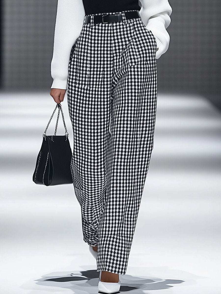 Fashion Retro Houndstooth Pocket Straight Pants - By Qivii