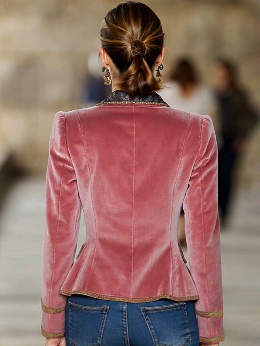 Pink Velvet Collar Lace And Gold Ribbon Blazer  - By Qivii