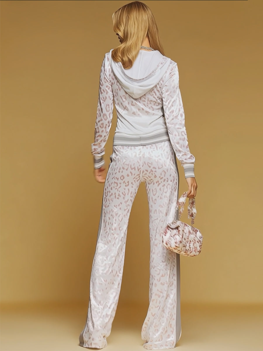 Stylish And Elegant Hooded Leopard Print Velvet Top And Flared Pants Set  - By Qivii