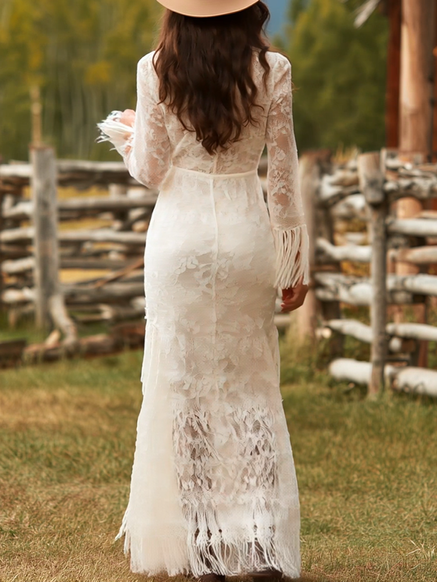 Retro White Lace V-neck Long Sleeve Tassel Short Front And Long Back Skirt Maxi Dress  - By Qivii