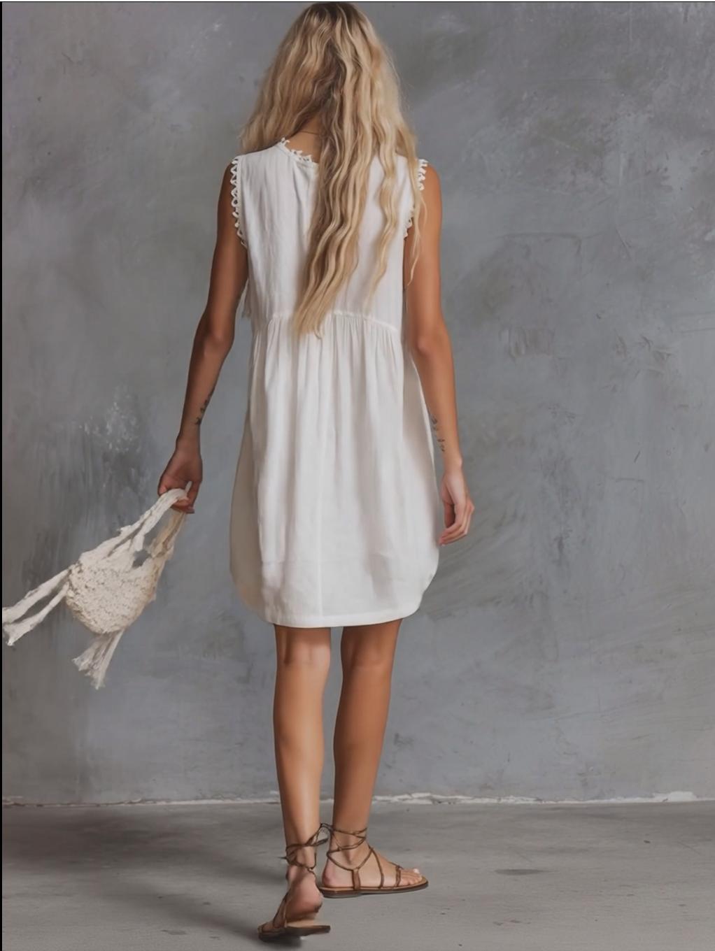 Elegant Vintage Western Lace V-neck Front-button White Cotton Mini Dress  - By Qivii