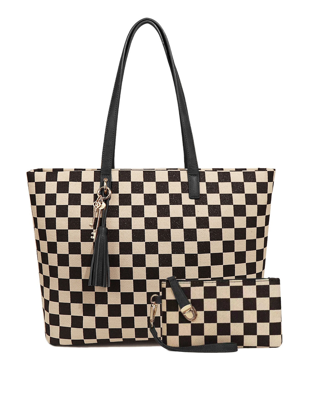 Ounamei Checkered Tote Bag for Women | Large Laptop Work Bag with Matching Pouch, Top Handle & Shoulder Carry