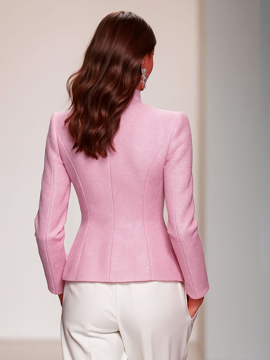Elegant Stand-up Collar Single-breasted Tweed Jacket  - By Qivii