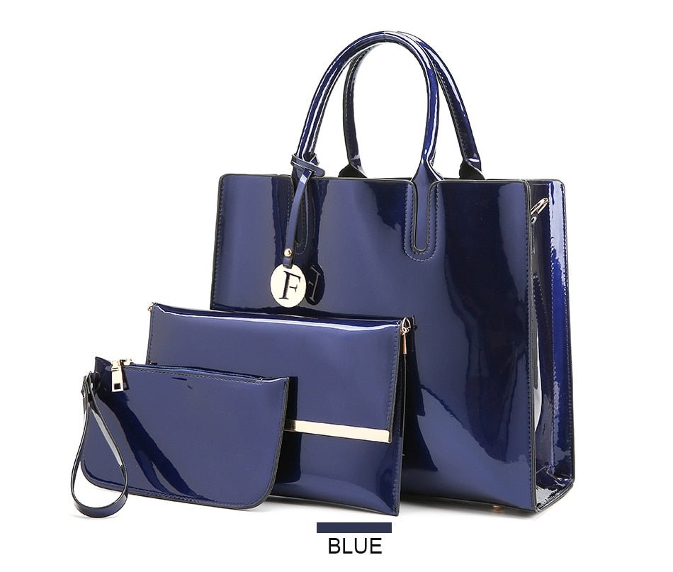 Women's 3 Piece Patent Leather Handbag Set  - By Qivii