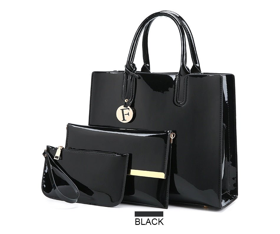 Women's 3 Piece Patent Leather Handbag Set  - By Qivii