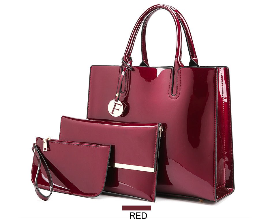 Women's 3 Piece Patent Leather Handbag Set  - By Qivii