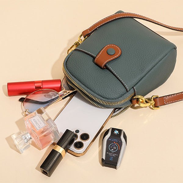 Women's Small Cowhide Leather Mobile Phone Crossbody Bag  - By Qivii