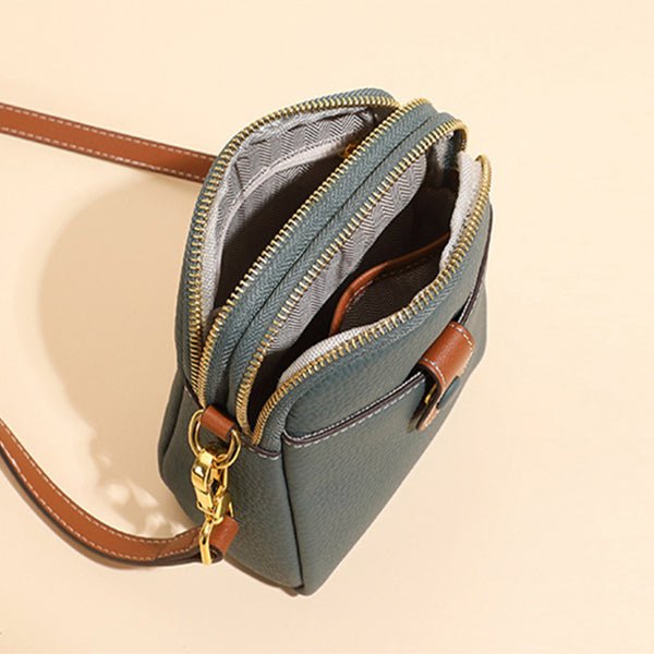 Women's Small Cowhide Leather Mobile Phone Crossbody Bag  - By Qivii