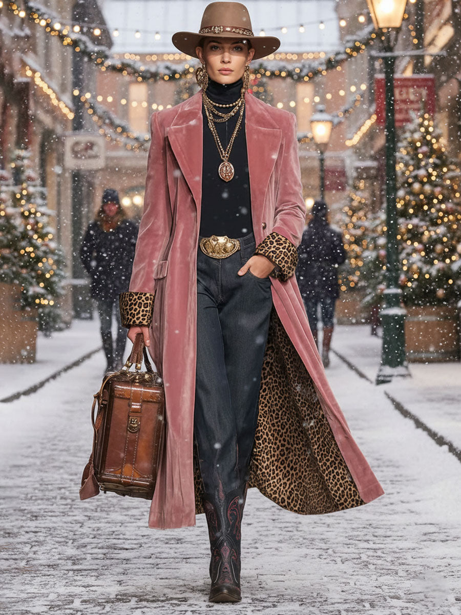 Lapel Single-breasted Velvet And Leopard Print Coat  - By Qivii