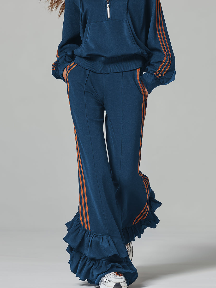 Casual Ruffle Trim Dark Blue Hooded Sweatshirt And Trousers Sports Set  - By Qivii