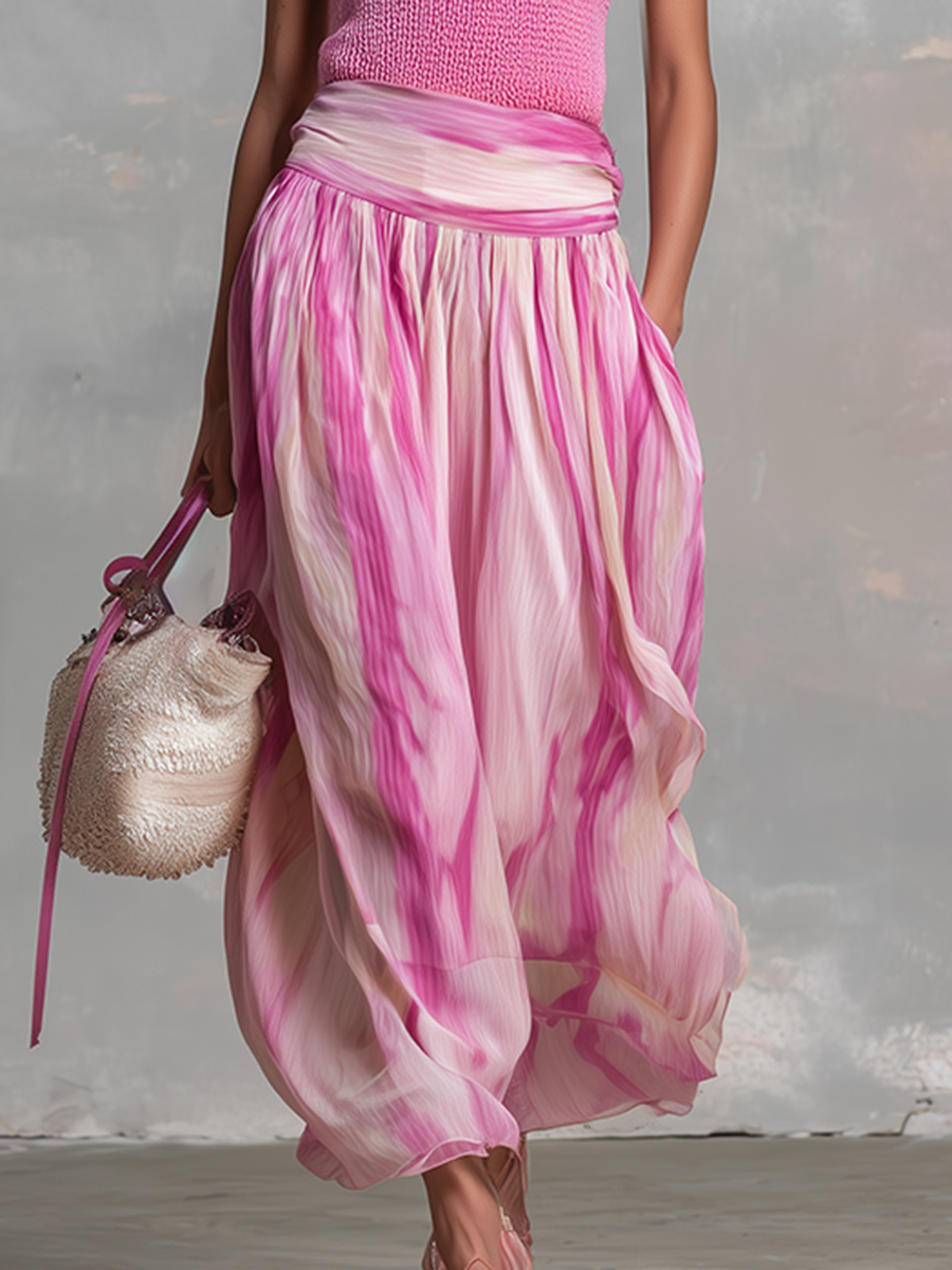 Casual And Flowy Striped Printed Chiffon Long Skirt  - By Qivii